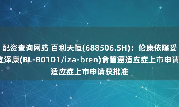 配资查询网站 百利天恒(688506.SH)：伦康依隆妥单抗/宜泽康(BL-B01D1/iza-bren)食管癌适应症上市申请获批准